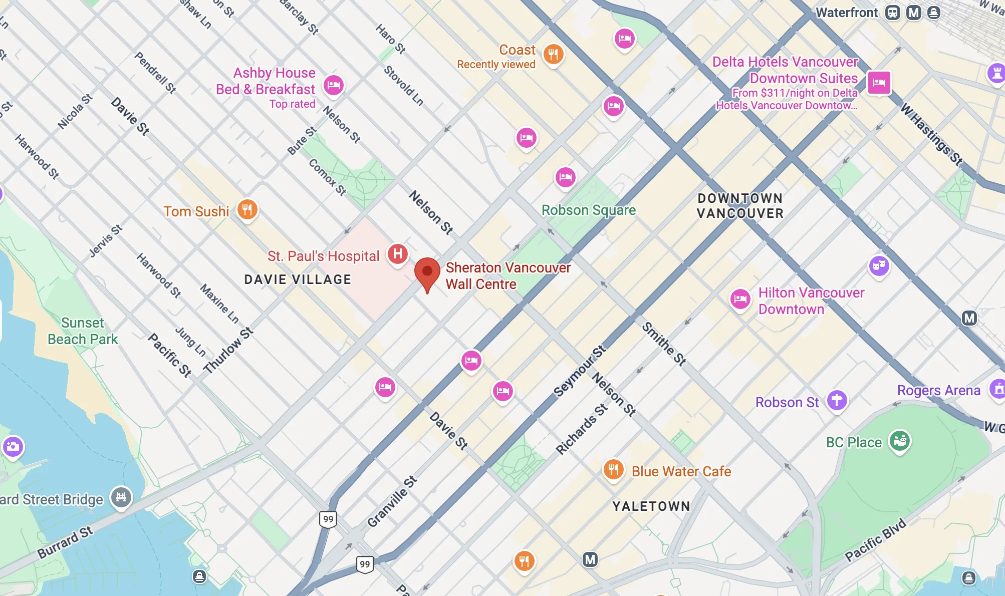 Street map of downtown Vancouver from Davie Village to Yaletown
